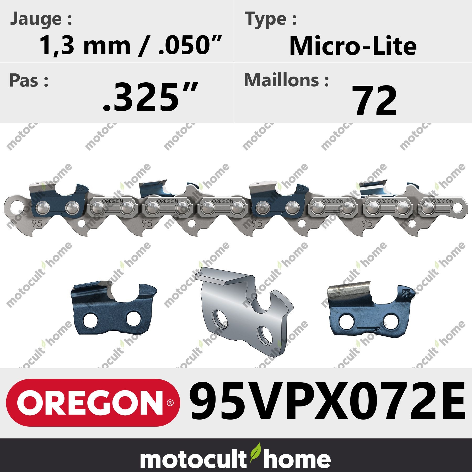 Chaîne de Tronçonneuse Oregon 95VPX072E Micro-Lite .325 1,3 mm 72 maillons