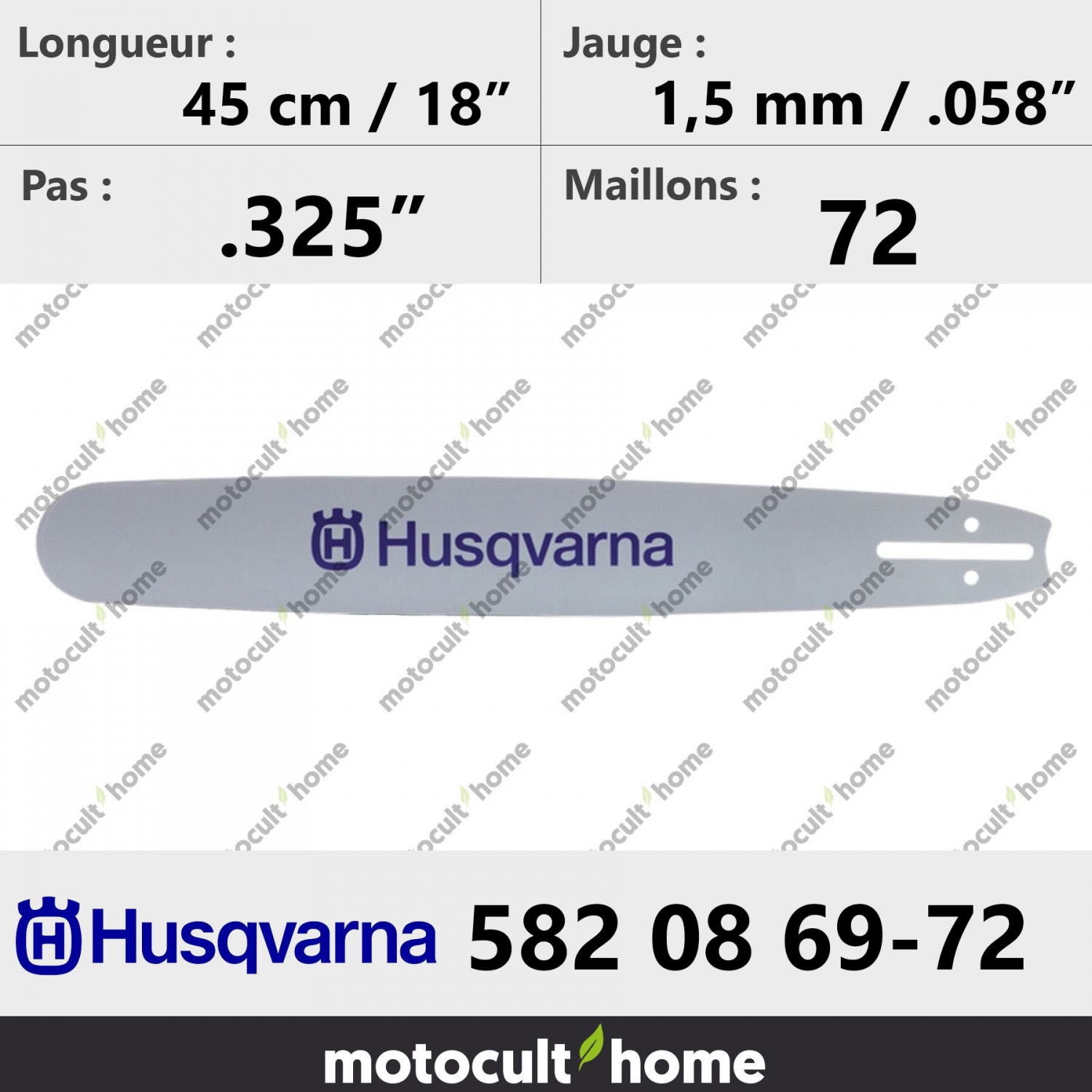 Guide Chaine Tronçonneuse Husqvarna 45cm .325 .058 (1,5mm). pas