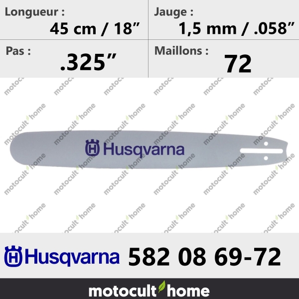 Guide de tronçonneuse Husqvarna 582086972 ( 5820869-72 / 582 08 69-72 ) 45cm-20